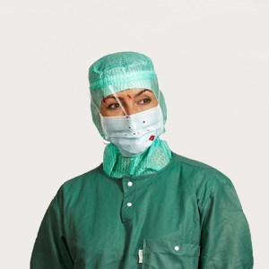 HCp with protective eyewear or a splash resistant surgical mask with a visor.
